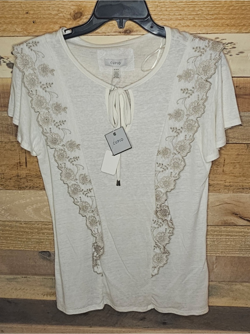 Cupio Cream Short-Sleeve Lace-Trim Tie Neck Top